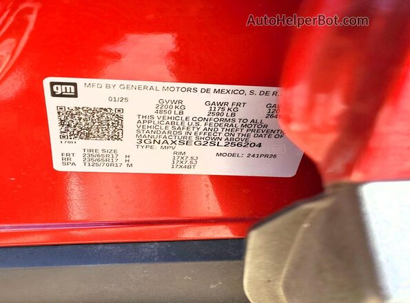 3GNAXSEG2SL256204 2025 CHEVROLET EQUINOX Красный Вид наклейки с VIN-кодом