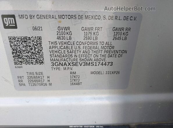 3GNAXSEV3MS174473 2021 CHEVROLET EQUINOX Серый Вид подкапотного пространства