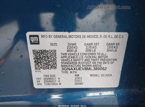 3GNAXUEV8ML389062 2021 CHEVROLET EQUINOX Blue Вид підкапотного простору