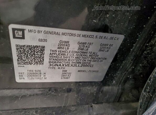 3GNAXVEX2LL259011 2020 CHEVROLET EQUINOX Черный Вид наклейки с VIN-кодом