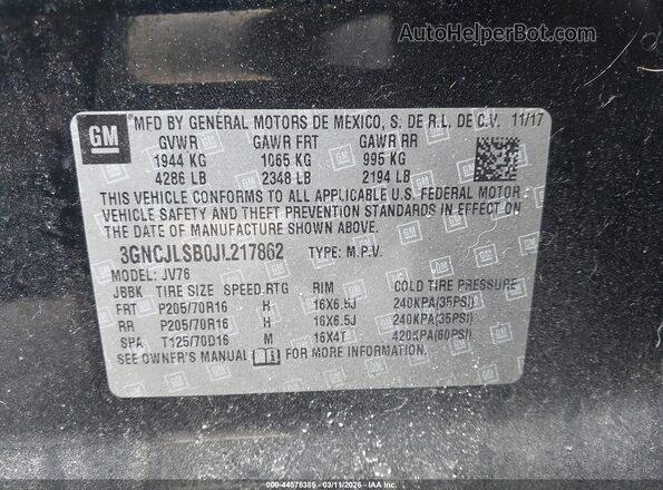 3GNCJLSB0JL217862 2018 CHEVROLET TRAX Черный Вид подкапотного пространства