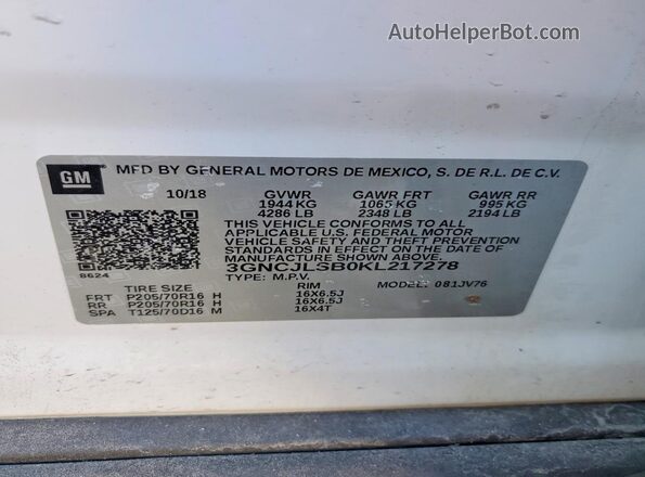 3GNCJLSB0KL217278 2019 CHEVROLET TRAX White Widok naklejki z numerem VIN