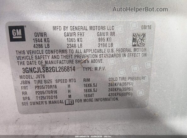 3GNCJLSB2GL266814 2016 CHEVROLET TRAX Gray Vista del compartimento del motor