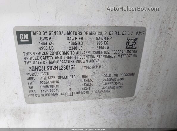 3GNCJLSB2HL230154 2017 CHEVROLET TRAX White Vista del compartimento del motor