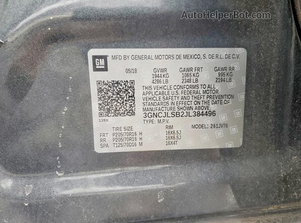 3GNCJLSB2JL384496 2018 CHEVROLET TRAX Серый Вид подкапотного пространства