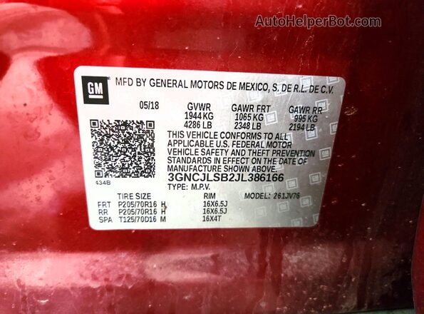 3GNCJLSB2JL386166 2018 CHEVROLET TRAX Темно-бордовый Вид подкапотного пространства