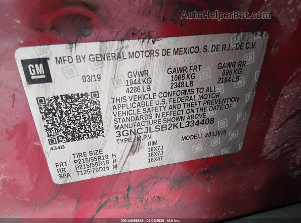 3GNCJLSB2KL334408 2019 CHEVROLET TRAX Красный Вид подкапотного пространства