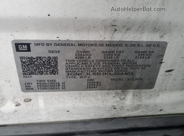 3GNCJLSB3KL304401 2019 CHEVROLET TRAX Белый Вид наклейки с VIN-кодом