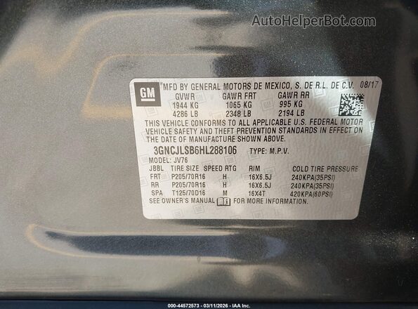 3GNCJLSB6HL288106 2017 CHEVROLET TRAX Черный Вид подкапотного пространства