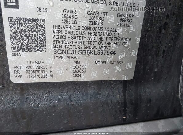 3GNCJLSB6KL397544 2019 CHEVROLET TRAX Black Vista del compartimento del motor
