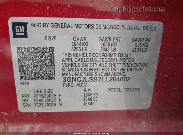 3GNCJLSB7LL264602 2020 CHEVROLET TRAX Burgundy ძრავის განყოფილების ხედი