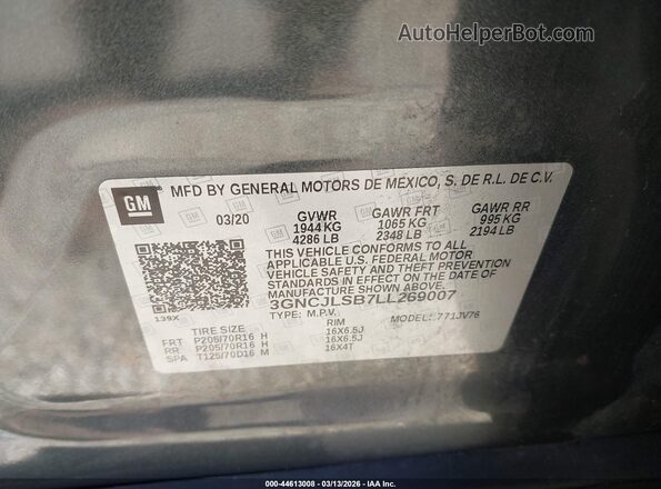 3GNCJLSB7LL269007 2020 CHEVROLET TRAX Gray Widok komory silnika