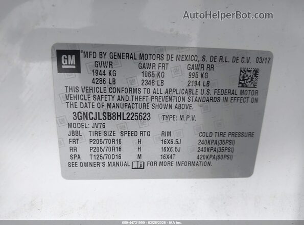 3GNCJLSB8HL225623 2017 CHEVROLET TRAX Белый Вид подкапотного пространства