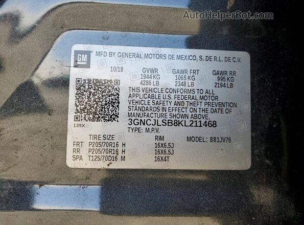 3GNCJLSB8KL211468 2019 CHEVROLET TRAX Серый Вид наклейки с VIN-кодом