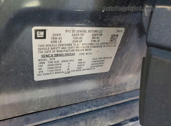 3GNCJLSB9GL268334 2016 CHEVROLET TRAX Gray Widok naklejki z numerem VIN