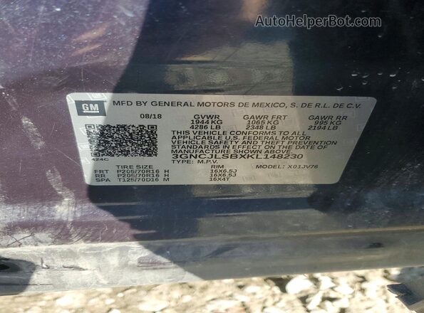 3GNCJLSBXKL148230 2019 CHEVROLET TRAX Blue Панорамний вид салону 360°