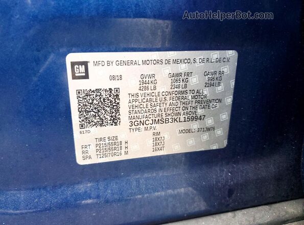 3GNCJMSB3KL159947 2019 CHEVROLET TRAX Синий Вид наклейки с VIN-кодом