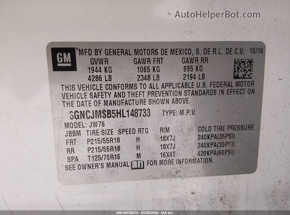 3GNCJMSB5HL148733 2017 CHEVROLET TRAX Белый Вид подкапотного пространства