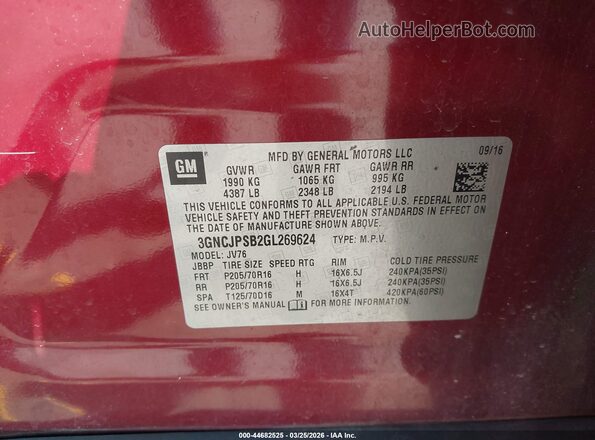 3GNCJPSB2GL269624 2016 CHEVROLET TRAX Темно-бордовый Вид подкапотного пространства