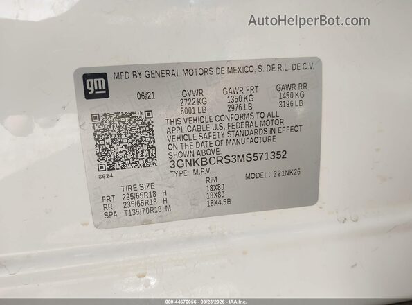3GNKBCRS3MS571352 2021 CHEVROLET BLAZER White Շարժիչի բաժամունքի տեսք