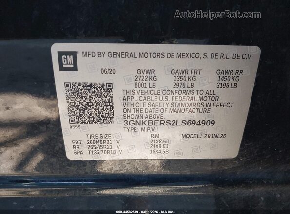 3GNKBERS2LS694909 2020 CHEVROLET BLAZER Black Widok komory silnika