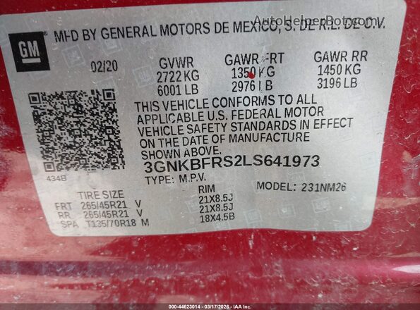 3GNKBFRS2LS641973 2020 CHEVROLET BLAZER Burgundy Widok komory silnika
