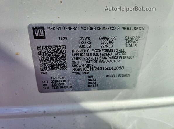 3GNKBHR40TS141050 2026 CHEVROLET BLAZER Белый Вид наклейки с VIN-кодом