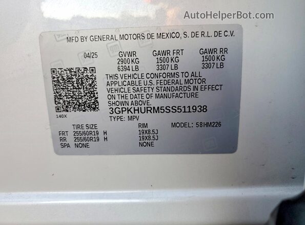3GPKHURM5SS511938 2025 HONDA PROLOGUE Белый Вид наклейки с VIN-кодом