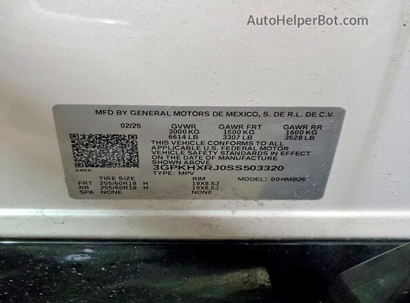 3GPKHXRJ0SS503320 2025 HONDA PROLOGUE Белый Вид наклейки с VIN-кодом