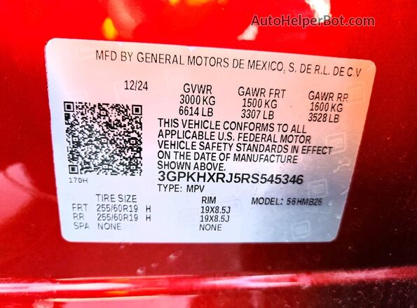 3GPKHXRJ5RS545346 2024 HONDA PROLOGUE Красный Вид наклейки с VIN-кодом
