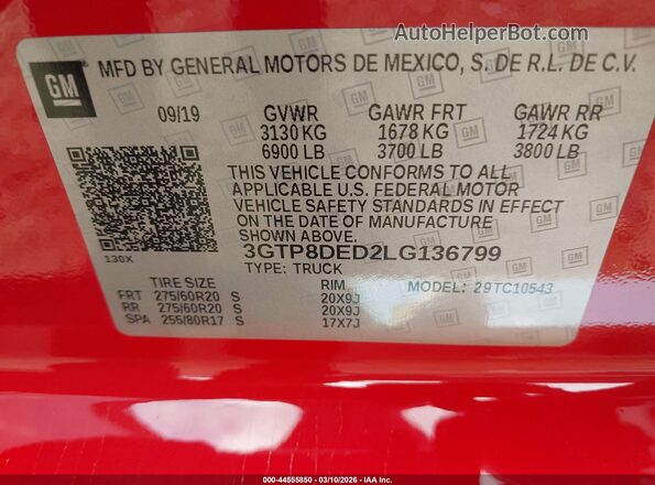 3GTP8DED2LG136799 2020 GMC SIERRA Красный Вид подкапотного пространства