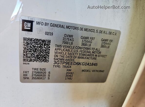 3GTP9EED6KG141845 2019 GMC SIERRA Белый Вид наклейки с VIN-кодом