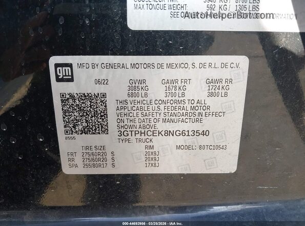 3GTPHCEK8NG613540 2022 GMC SIERRA Black Вид підкапотного простору
