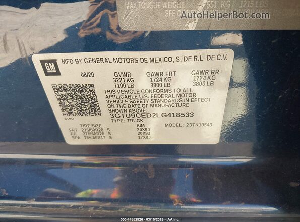 3GTU9CED2LG418533 2020 GMC SIERRA Dark Blue Вид подкапотного пространства