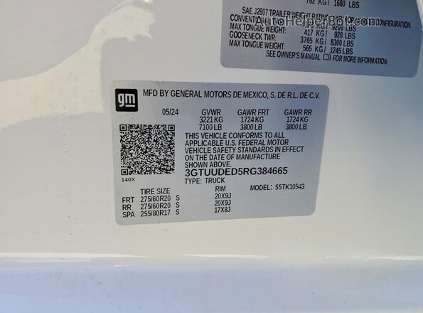 3GTUUDED5RG384665 2024 GMC SIERRA Белый Вид подкапотного пространства