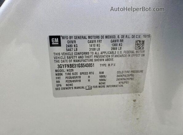 3GYFNBE31GS543851 2016 CADILLAC SRX Серебряный Вид наклейки с VIN-кодом