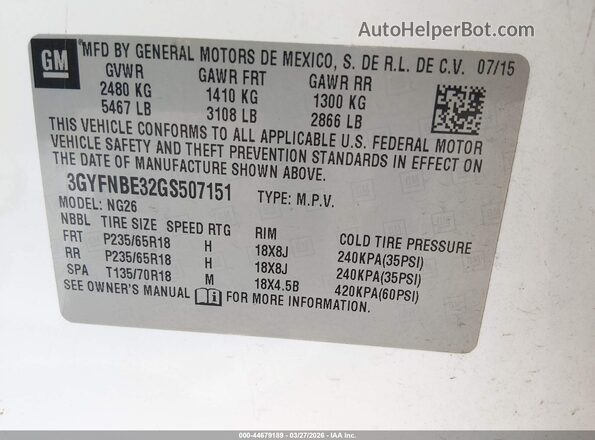 3GYFNBE32GS507151 2016 CADILLAC SRX White Widok komory silnika