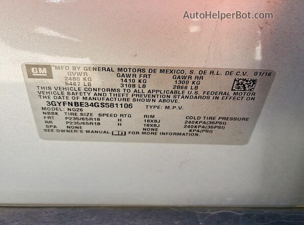 3GYFNBE34GS581106 2016 CADILLAC SRX Silver Widok naklejki z numerem VIN