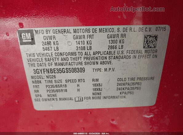 3GYFNBE35GS508309 2016 CADILLAC SRX Red Widok komory silnika