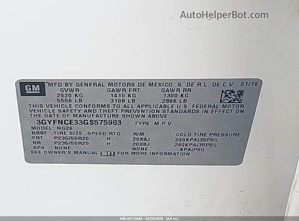 3GYFNCE33GS575903 2016 CADILLAC SRX White Widok komory silnika