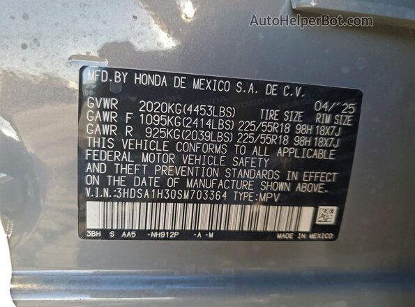 3HDSA1H30SM703364 2025 ACURA ADX Серый Вид наклейки с VIN-кодом