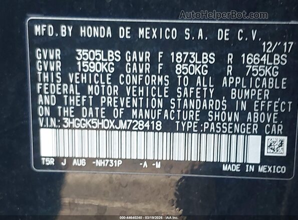 3HGGK5H0XJM728418 2018 HONDA FIT Черный Вид подкапотного пространства