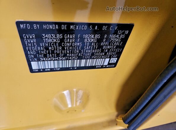 3HGGK5H43KM714252 2019 HONDA FIT Желтый Вид наклейки с VIN-кодом