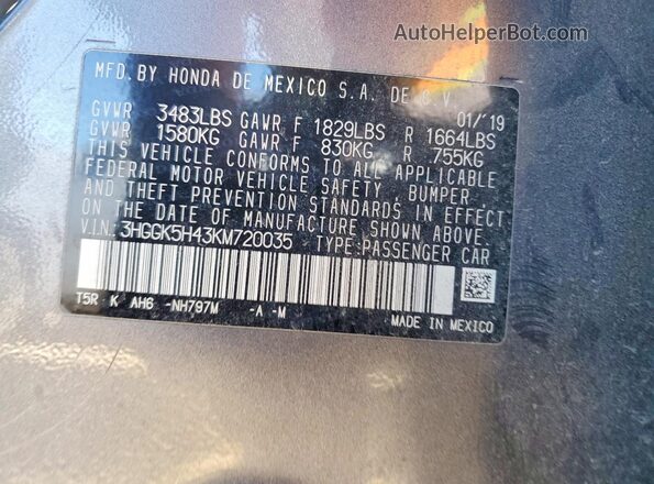 3HGGK5H43KM720035 2019 HONDA FIT Угольный Вид наклейки с VIN-кодом