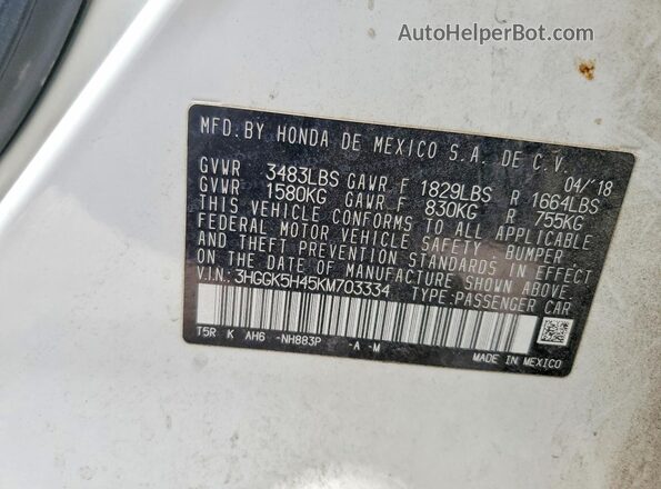 3HGGK5H45KM703334 2019 HONDA FIT Белый Вид наклейки с VIN-кодом