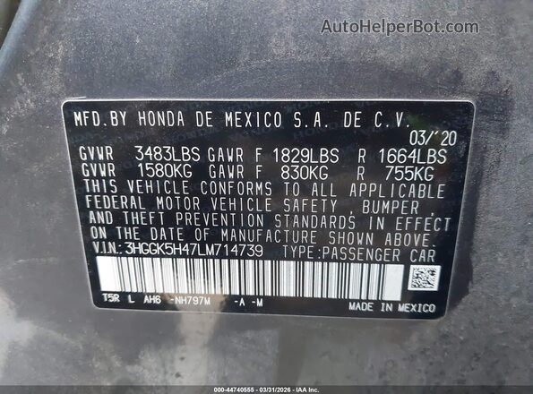 3HGGK5H47LM714739 2020 HONDA FIT Серый Вид подкапотного пространства