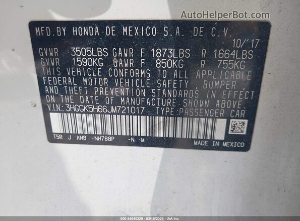 3HGGK5H66JM721017 2018 HONDA FIT White Widok komory silnika