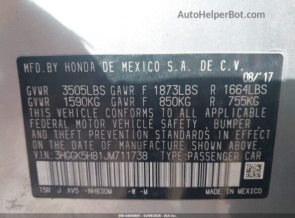 3HGGK5H81JM711738 2018 HONDA FIT Серебряный Вид подкапотного пространства