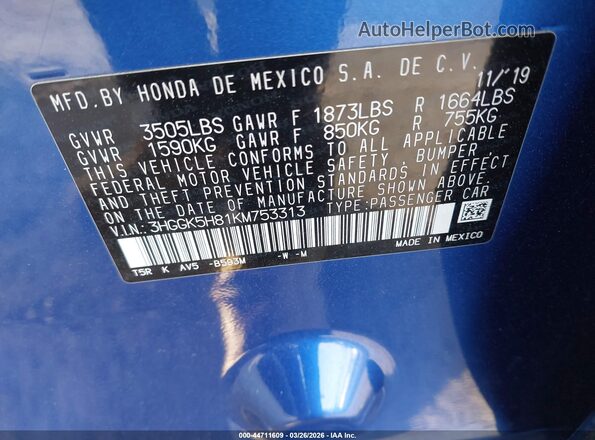 3HGGK5H81KM753313 2019 HONDA FIT Синий Вид подкапотного пространства