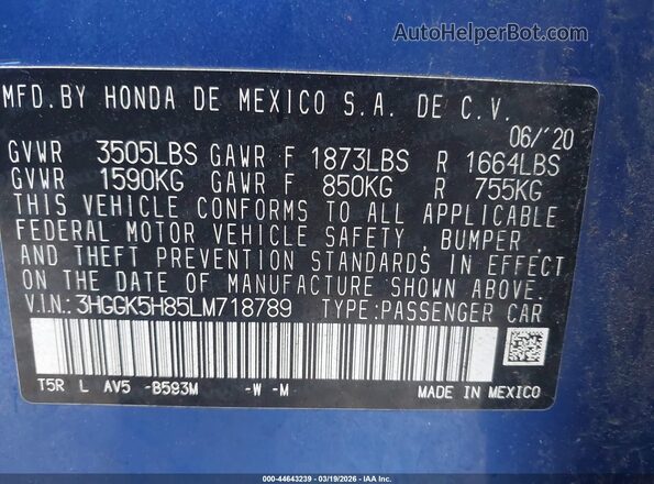 3HGGK5H85LM718789 2020 HONDA FIT Синий Вид подкапотного пространства